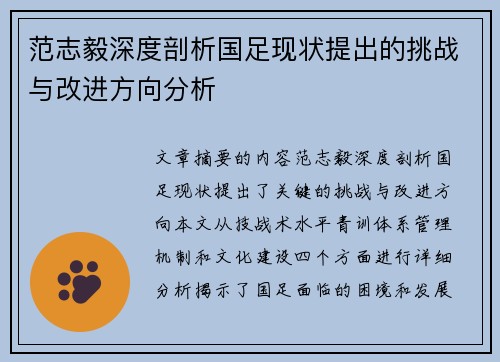 范志毅深度剖析国足现状提出的挑战与改进方向分析